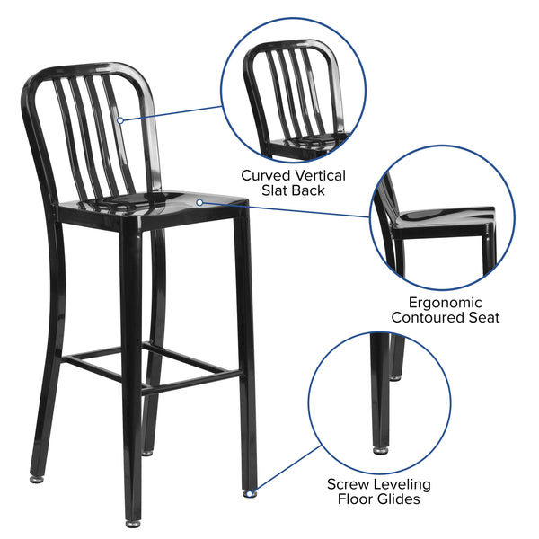 Black |#| 30inch High Black Metal Indoor-Outdoor Barstool with Vertical Slat Back