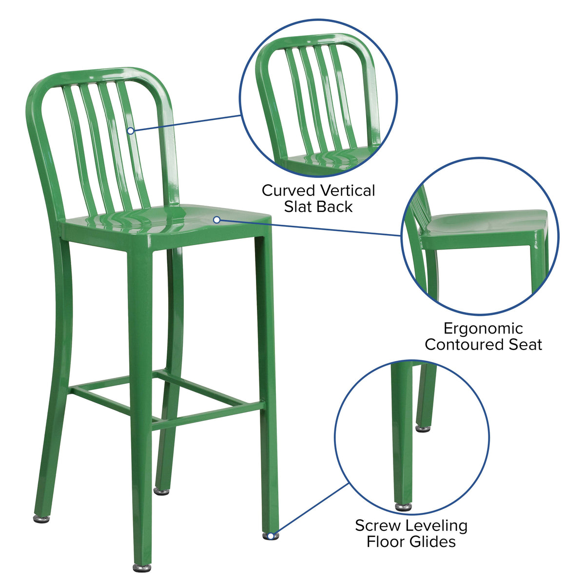 Green |#| 30inch High Green Metal Indoor-Outdoor Barstool with Vertical Slat Back