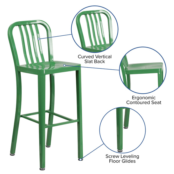 Green |#| 30inch High Green Metal Indoor-Outdoor Barstool with Vertical Slat Back