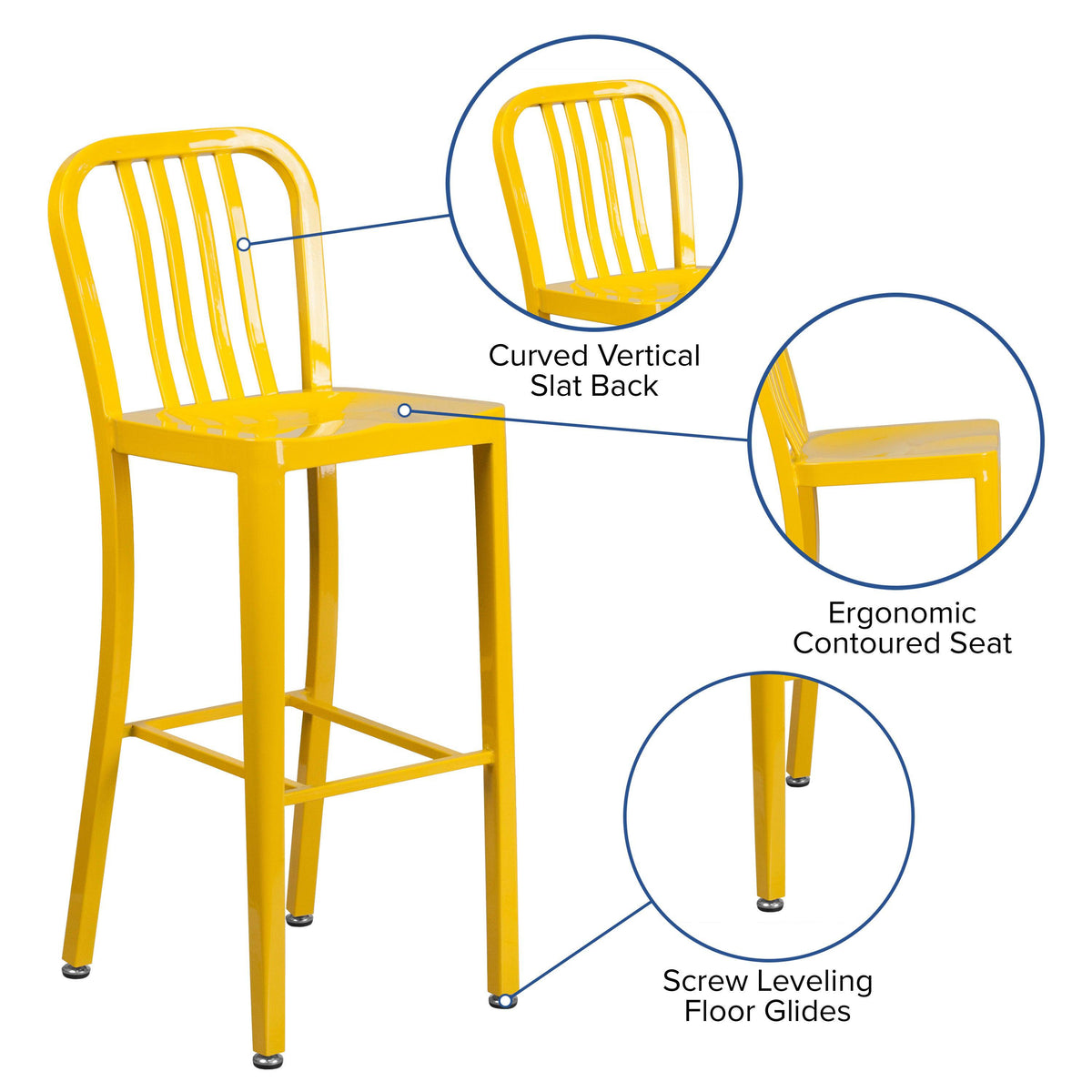 Yellow |#| 30inch High Yellow Metal Indoor-Outdoor Barstool with Vertical Slat Back