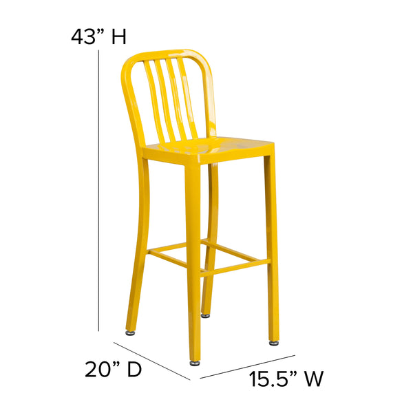 Yellow |#| 30inch High Yellow Metal Indoor-Outdoor Barstool with Vertical Slat Back