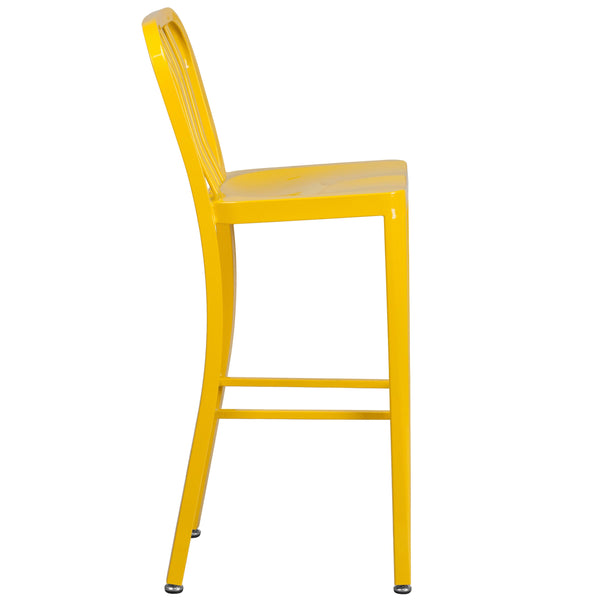 Yellow |#| 30inch High Yellow Metal Indoor-Outdoor Barstool with Vertical Slat Back