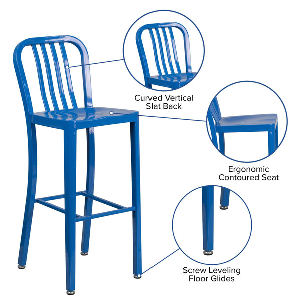 Blue |#| 30inch High Blue Metal Indoor-Outdoor Barstool with Vertical Slat Back