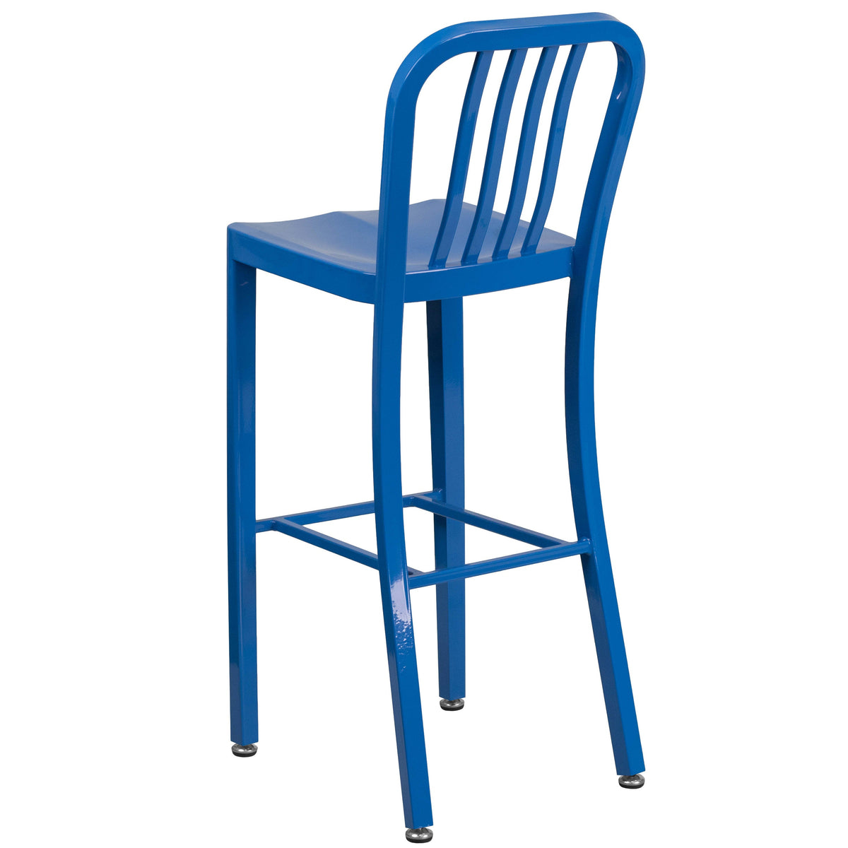 Blue |#| 30inch High Blue Metal Indoor-Outdoor Barstool with Vertical Slat Back