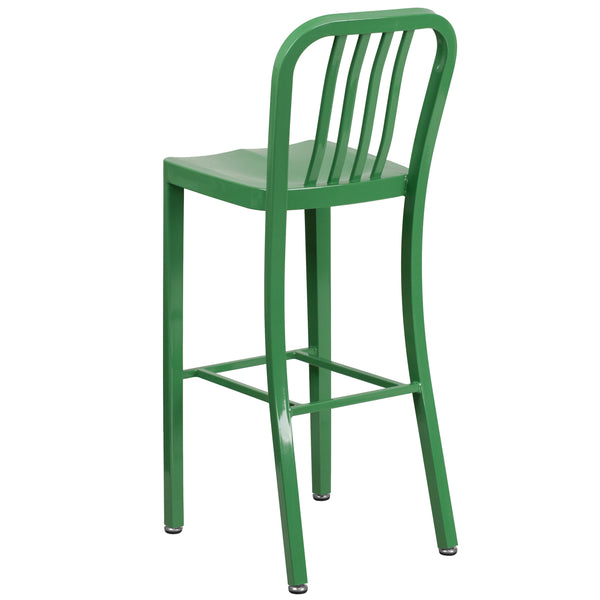 Green |#| 30inch High Green Metal Indoor-Outdoor Barstool with Vertical Slat Back