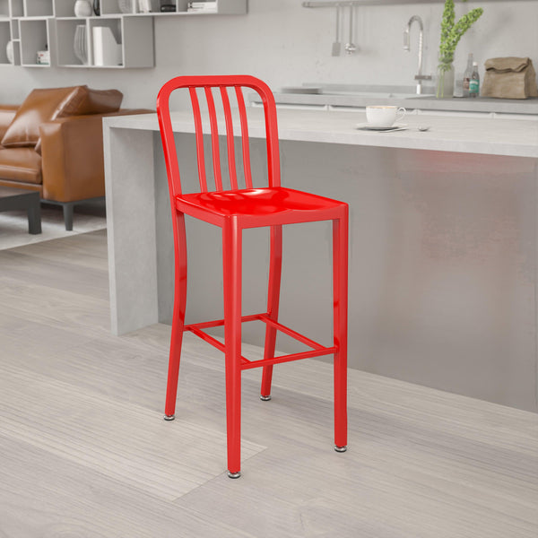 Red |#| 30inch High Red Metal Indoor-Outdoor Barstool with Vertical Slat Back