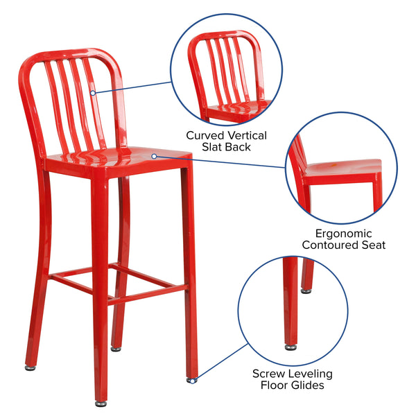 Red |#| 30inch High Red Metal Indoor-Outdoor Barstool with Vertical Slat Back