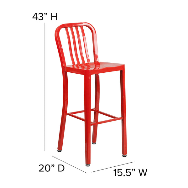 Red |#| 30inch High Red Metal Indoor-Outdoor Barstool with Vertical Slat Back