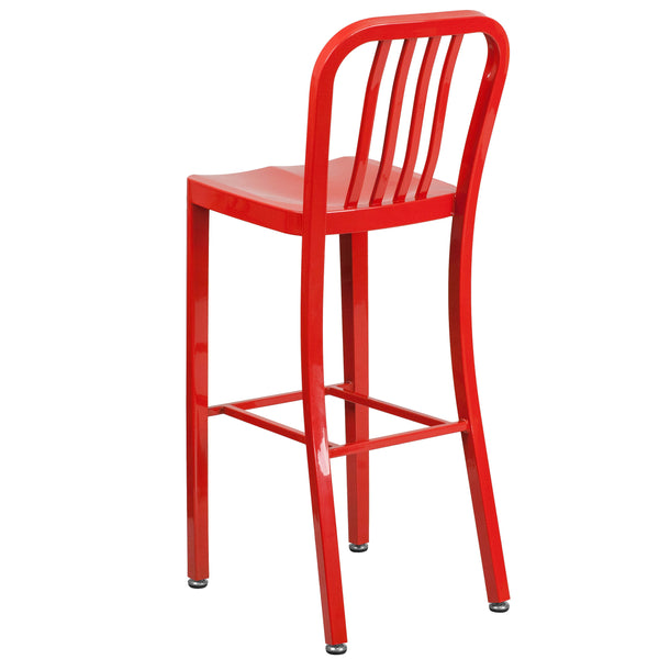 Red |#| 30inch High Red Metal Indoor-Outdoor Barstool with Vertical Slat Back