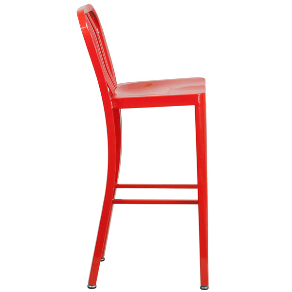 Red |#| 30inch High Red Metal Indoor-Outdoor Barstool with Vertical Slat Back