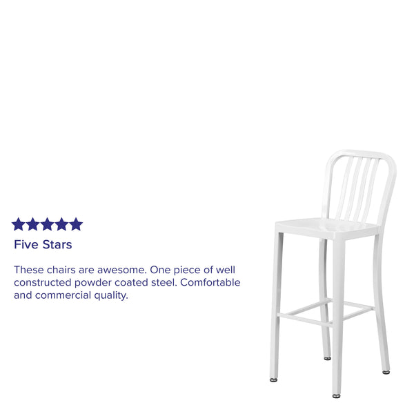 White |#| 30inch High White Metal Indoor-Outdoor Barstool with Vertical Slat Back