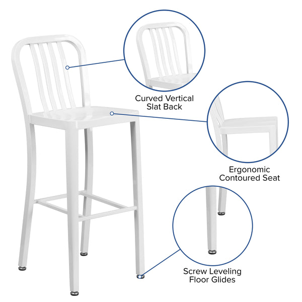 White |#| 30inch High White Metal Indoor-Outdoor Barstool with Vertical Slat Back