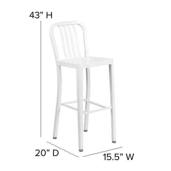 White |#| 30inch High White Metal Indoor-Outdoor Barstool with Vertical Slat Back