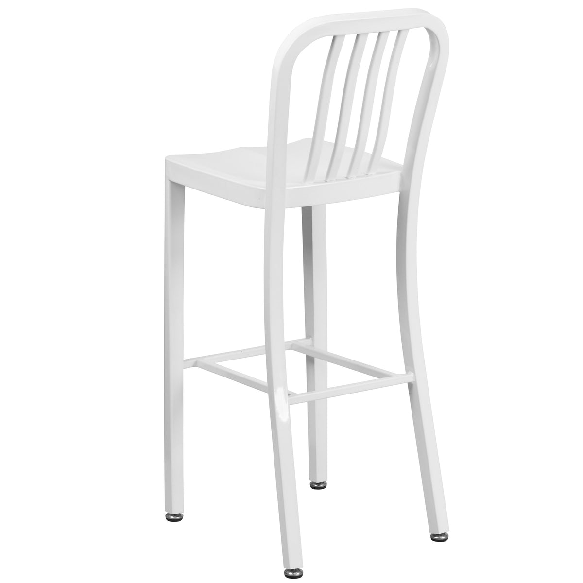 White |#| 30inch High White Metal Indoor-Outdoor Barstool with Vertical Slat Back