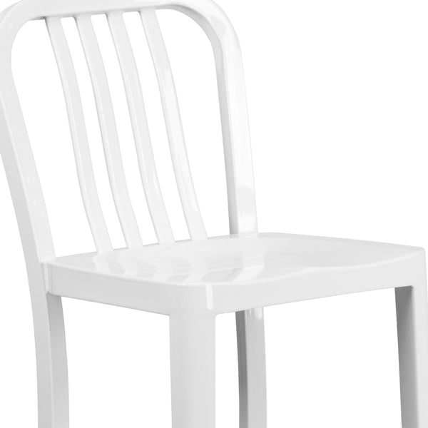 White |#| 30inch High White Metal Indoor-Outdoor Barstool with Vertical Slat Back