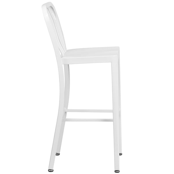 White |#| 30inch High White Metal Indoor-Outdoor Barstool with Vertical Slat Back