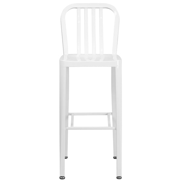 White |#| 30inch High White Metal Indoor-Outdoor Barstool with Vertical Slat Back