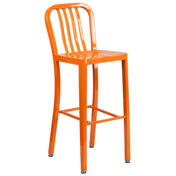 Orange |#| 30inch High Orange Metal Indoor-Outdoor Barstool with Vertical Slat Back