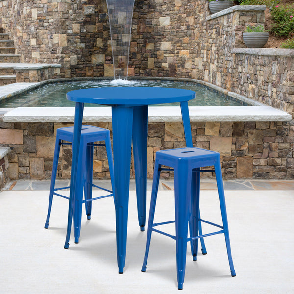 Blue |#| 30inch Round Blue Metal Indoor-Outdoor Bar Table Set with 2 Backless Stools
