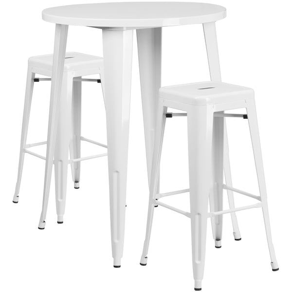 White |#| 30inch Round White Metal Indoor-Outdoor Bar Table Set with 2 Backless Stools