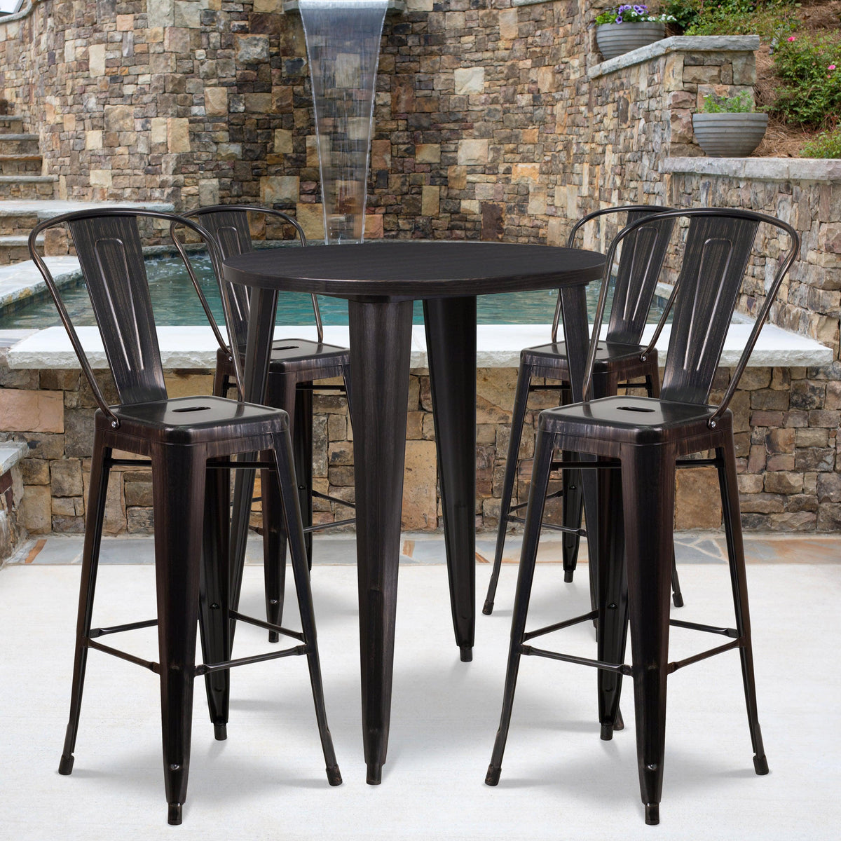 Black-Antique Gold |#| 30inch Round Black-Gold Metal Indoor-Outdoor Bar Table Set with 4 Cafe Stools