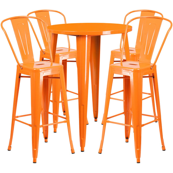 Orange |#| 30inch Round Orange Metal Indoor-Outdoor Bar Table Set with 4 Cafe Stools