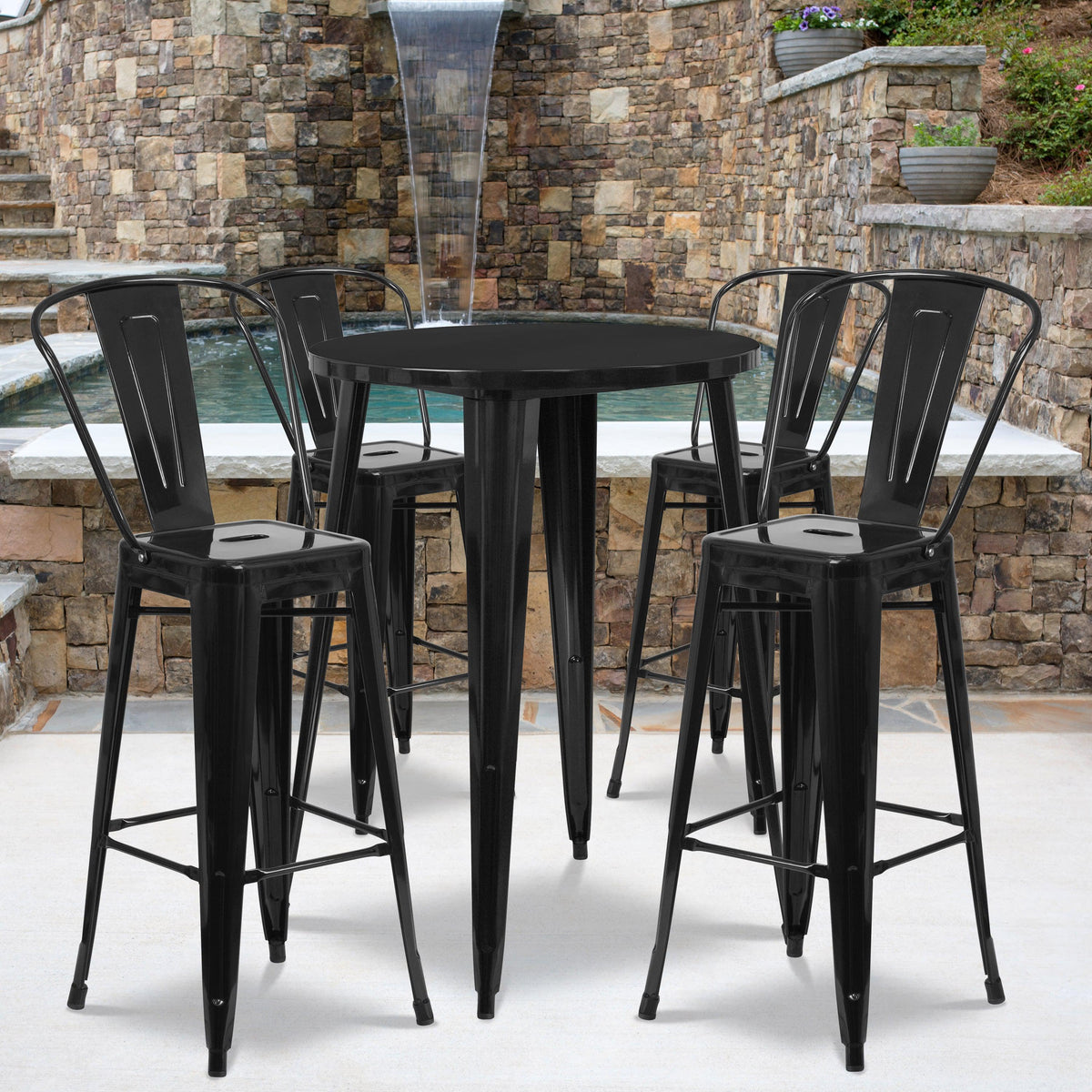 Black |#| 30inch Round Black Metal Indoor-Outdoor Bar Table Set with 4 Cafe Stools