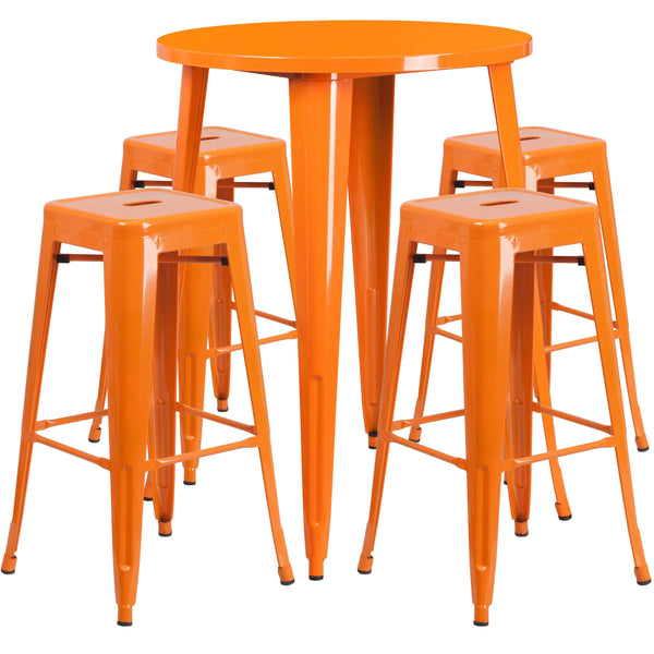 Orange |#| 30inch Round Orange Metal Indoor-Outdoor Bar Table Set with 4 Backless Stools