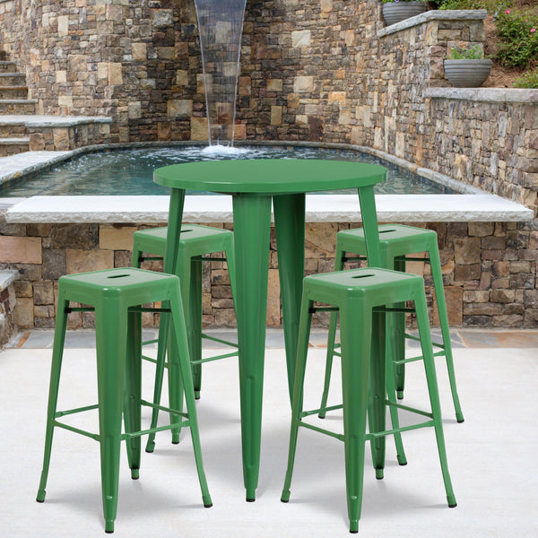 Green |#| 30inch Round Green Metal Indoor-Outdoor Bar Table Set with 4 Backless Stools