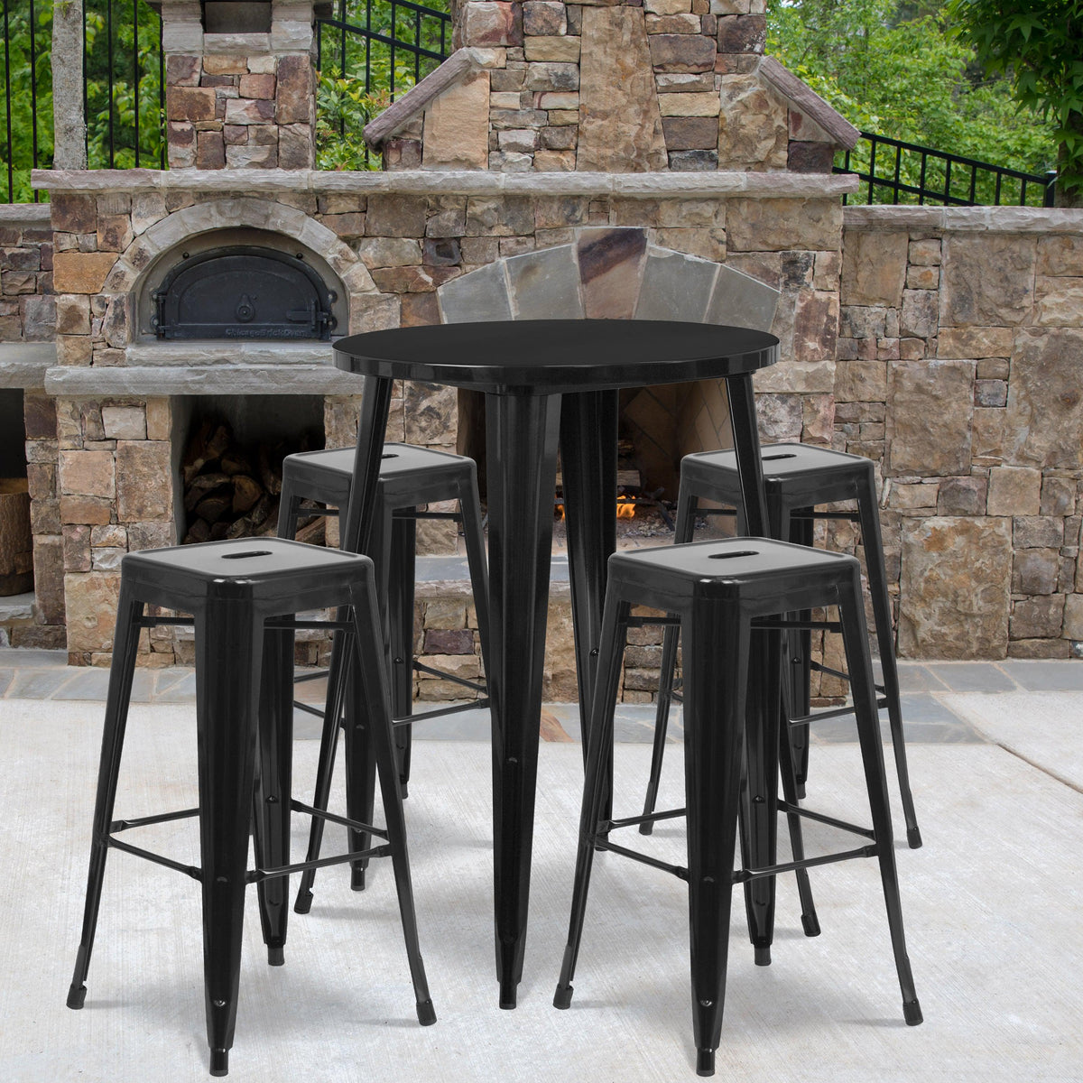 Black |#| 30inch Round Black Metal Indoor-Outdoor Bar Table Set with 4 Backless Stools