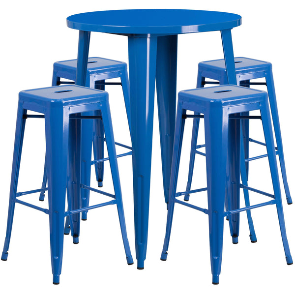 Blue |#| 30inch Round Blue Metal Indoor-Outdoor Bar Table Set with 4 Backless Stools