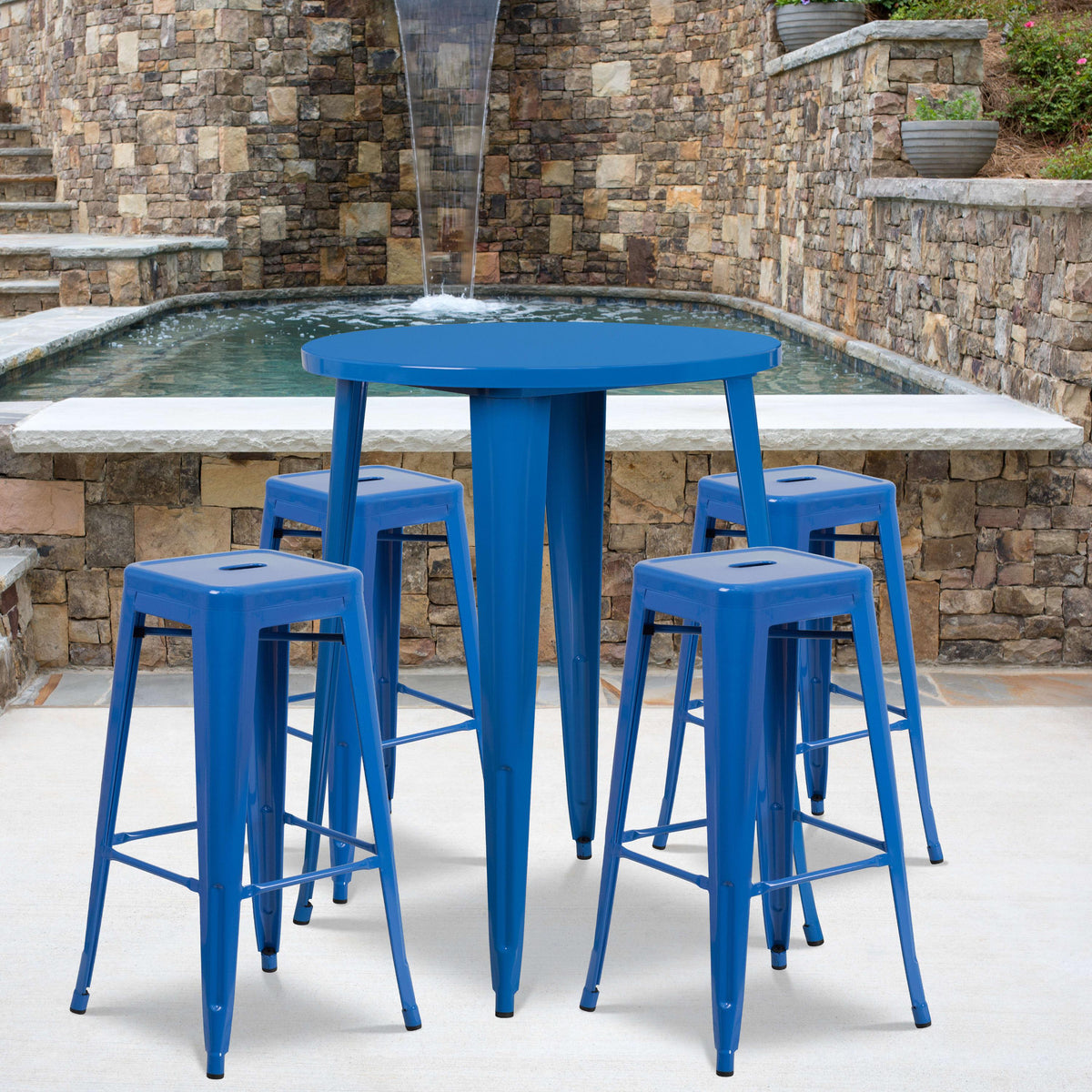 Blue |#| 30inch Round Blue Metal Indoor-Outdoor Bar Table Set with 4 Backless Stools