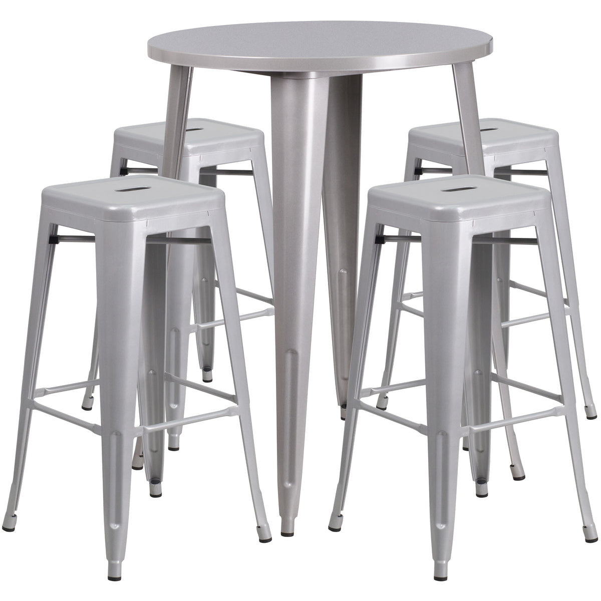 Silver |#| 30inch Round Silver Metal Indoor-Outdoor Bar Table Set with 4 Backless Stools