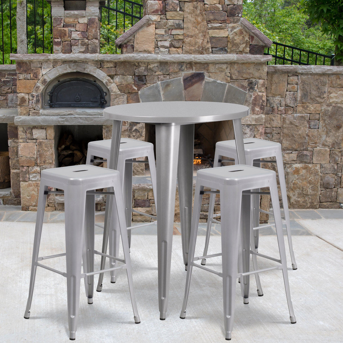 Silver |#| 30inch Round Silver Metal Indoor-Outdoor Bar Table Set with 4 Backless Stools