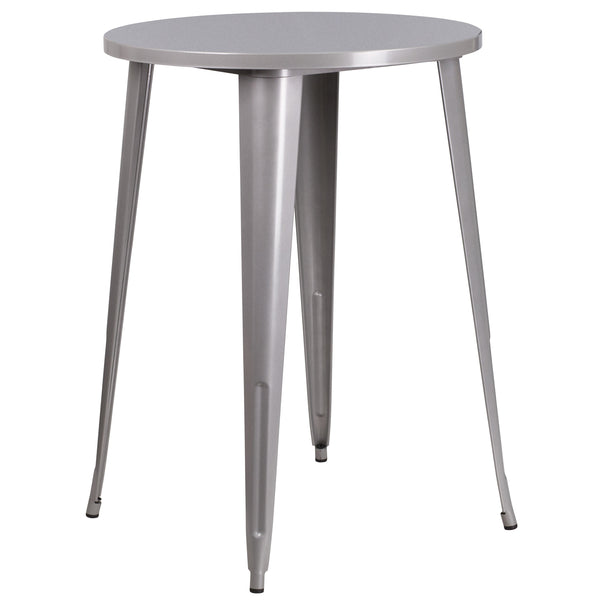 Silver |#| 30inch Round Silver Metal Indoor-Outdoor Bar Table Set with 4 Backless Stools