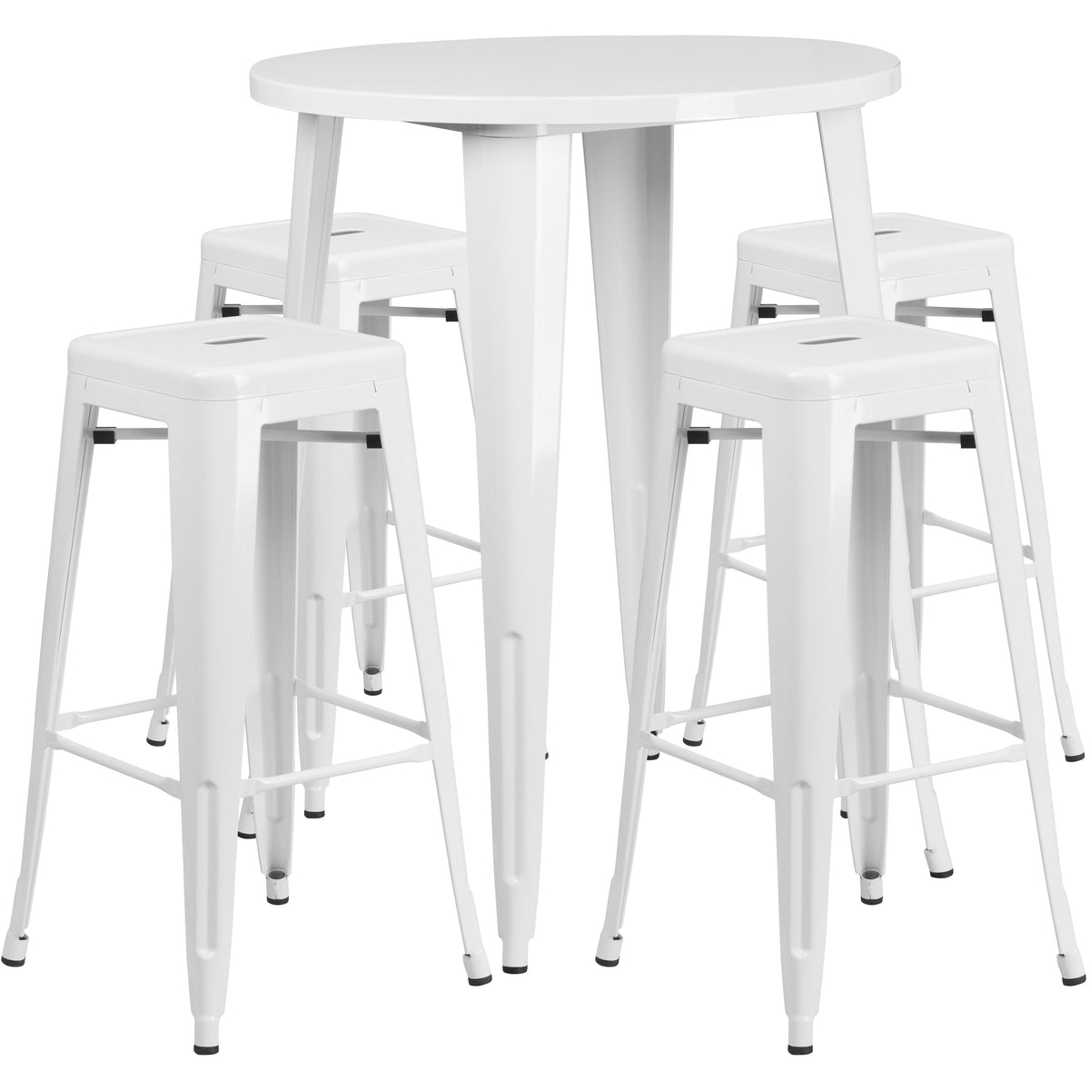 White |#| 30inch Round White Metal Indoor-Outdoor Bar Table Set with 4 Backless Stools