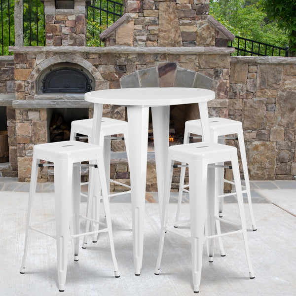 White |#| 30inch Round White Metal Indoor-Outdoor Bar Table Set with 4 Backless Stools