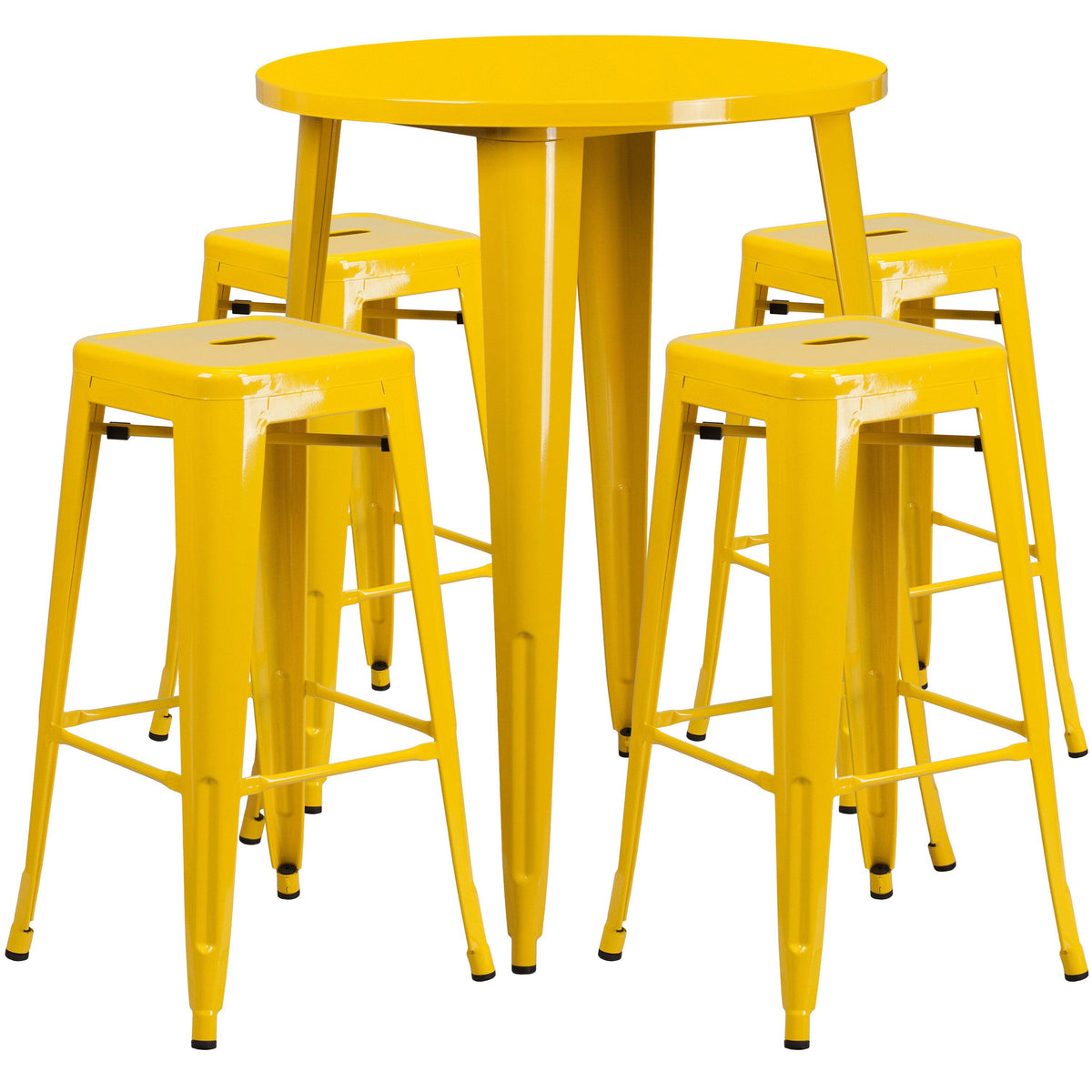 Yellow |#| 30inch Round Yellow Metal Indoor-Outdoor Bar Table Set with 4 Backless Stools