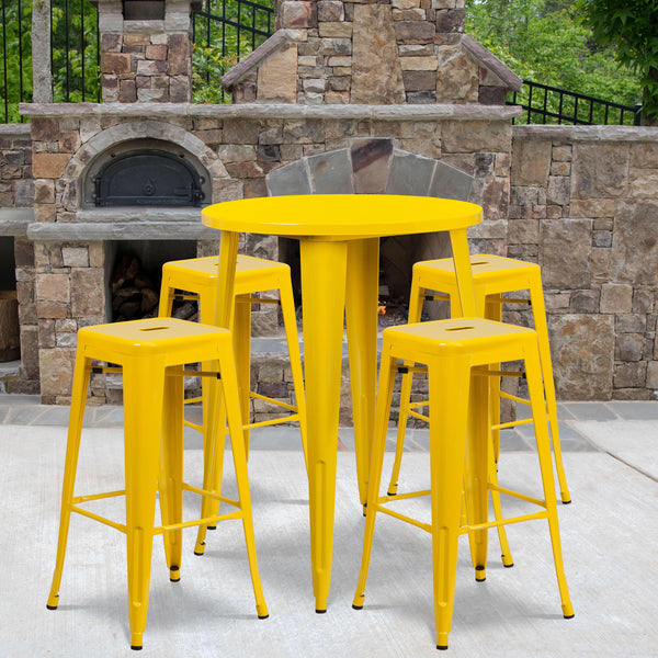 Yellow |#| 30inch Round Yellow Metal Indoor-Outdoor Bar Table Set with 4 Backless Stools