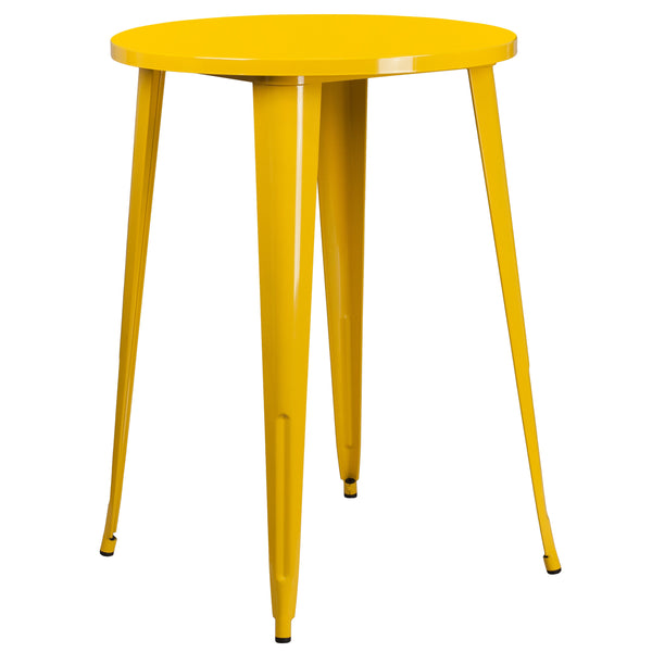 Yellow |#| 30inch Round Yellow Metal Indoor-Outdoor Bar Table Set with 4 Backless Stools