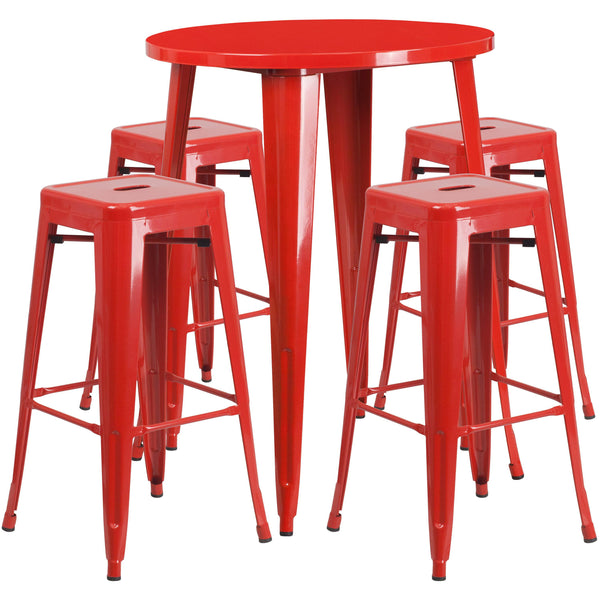 Red |#| 30inch Round Red Metal Indoor-Outdoor Bar Table Set with 4 Backless Stools