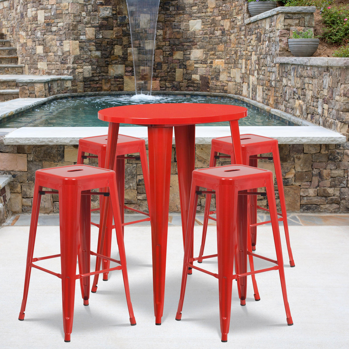 Red |#| 30inch Round Red Metal Indoor-Outdoor Bar Table Set with 4 Backless Stools