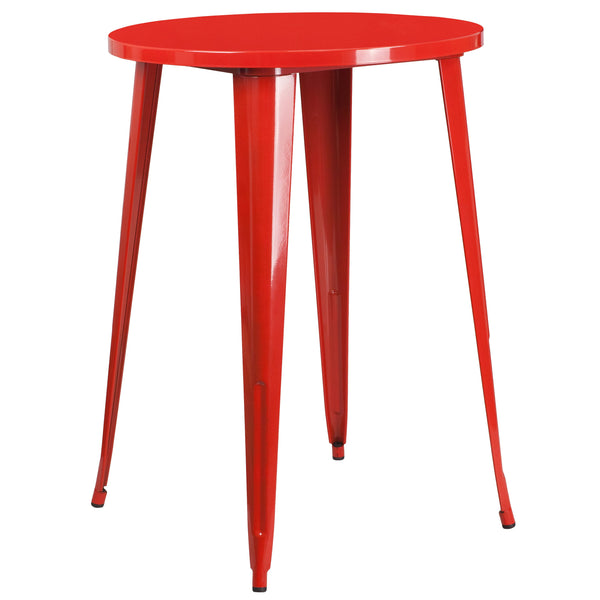 Red |#| 30inch Round Red Metal Indoor-Outdoor Bar Table Set with 4 Backless Stools