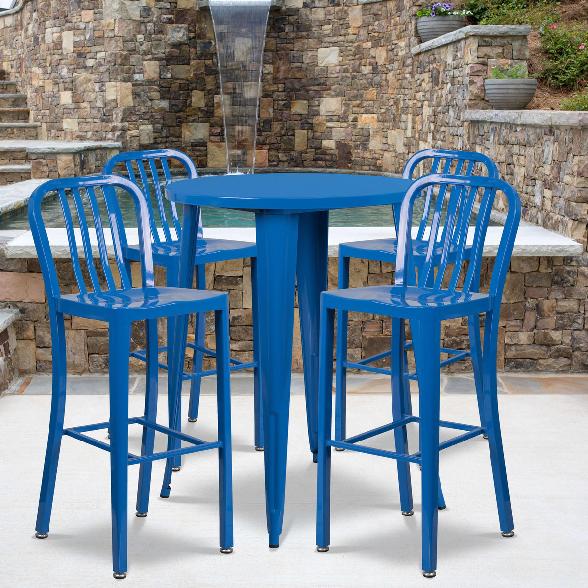 Blue |#| 30inch Round Blue Metal Indoor-Outdoor Bar Table Set with 4 Slat Back Stools