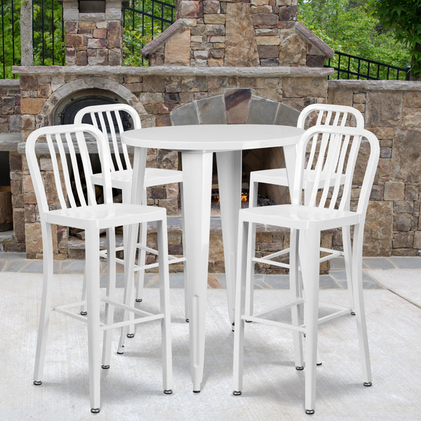 White |#| 30inch Round White Metal Indoor-Outdoor Bar Table Set with 4 Slat Back Stools