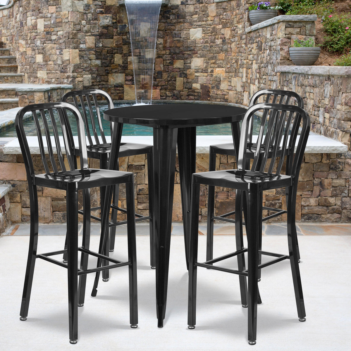 Black |#| 30inch Round Black Metal Indoor-Outdoor Bar Table Set with 4 Slat Back Stools