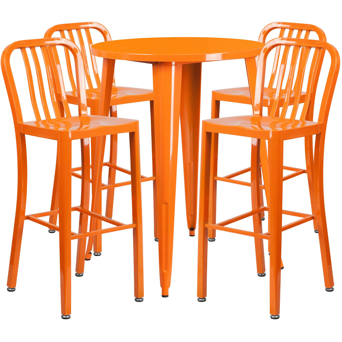 Orange |#| 30inch Round Orange Metal Indoor-Outdoor Bar Table Set with 4 Slat Back Stools