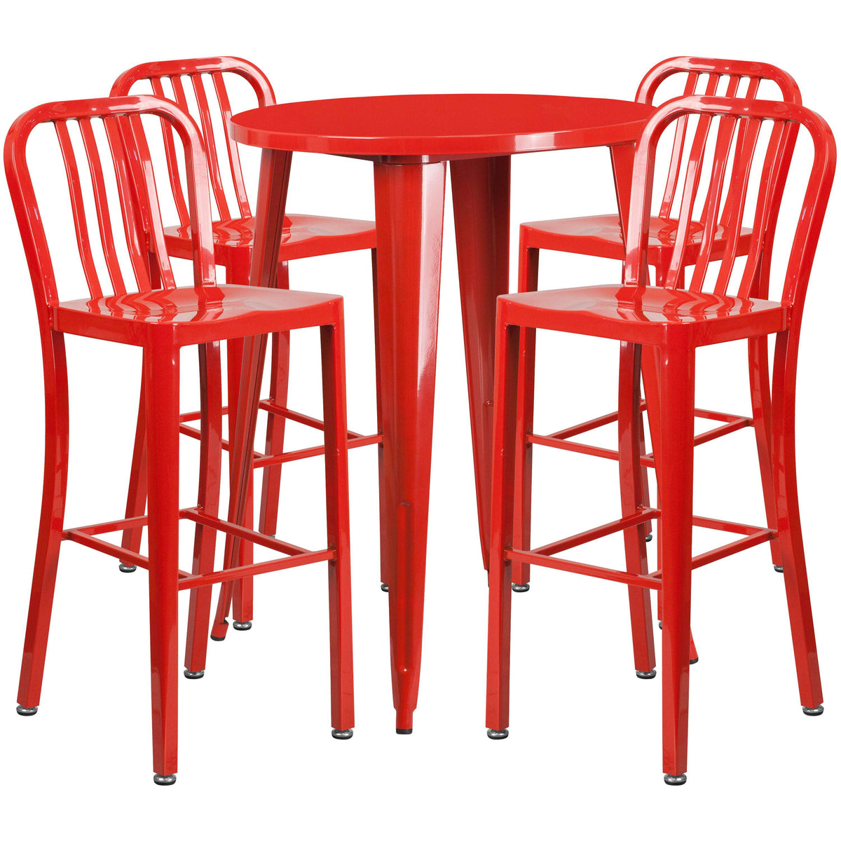 Red |#| 30inch Round Red Metal Indoor-Outdoor Bar Table Set with 4 Slat Back Stools