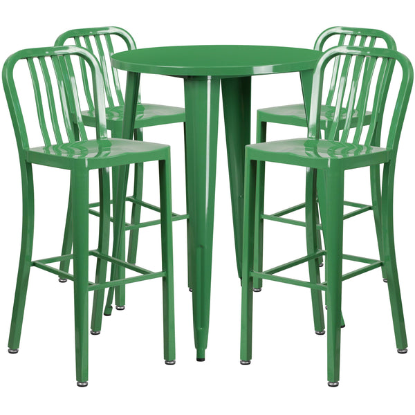 Green |#| 30inch Round Green Metal Indoor-Outdoor Bar Table Set with 4 Slat Back Stools