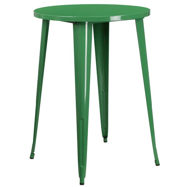 Green |#| 30inch Round Green Metal Indoor-Outdoor Bar Table Set with 4 Slat Back Stools